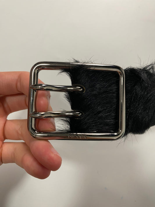 Prada AW17 pony hair fur belt in black with silver hardware SZ:95