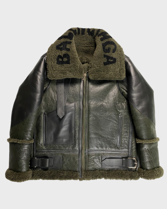 Balenciaga dark green shearling aviator jacket SZ:F38