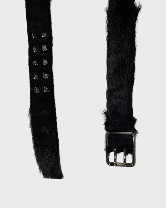 Prada AW17 pony hair fur belt in black with silver hardware SZ:95