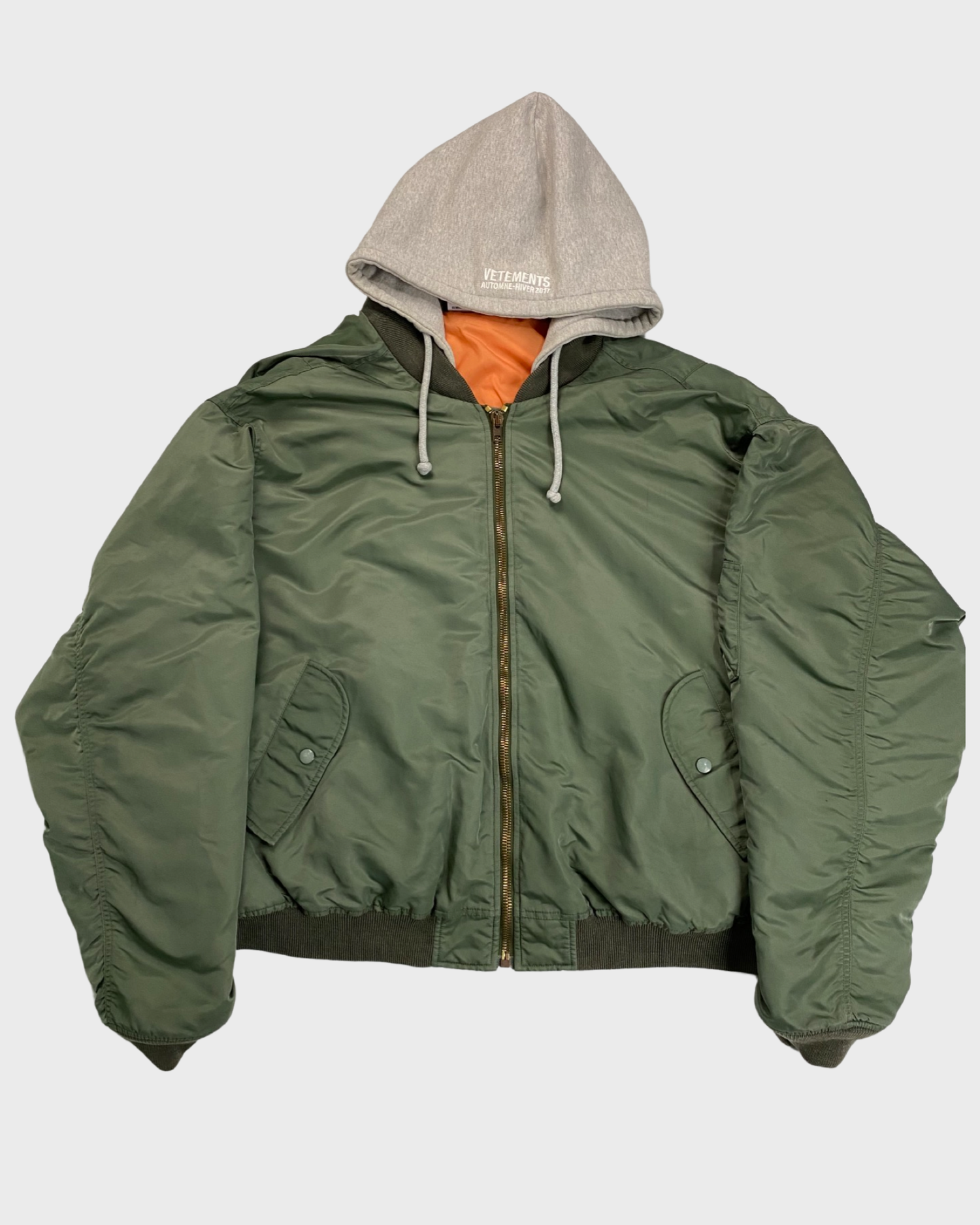 Green bomber jacket sales with grey hood